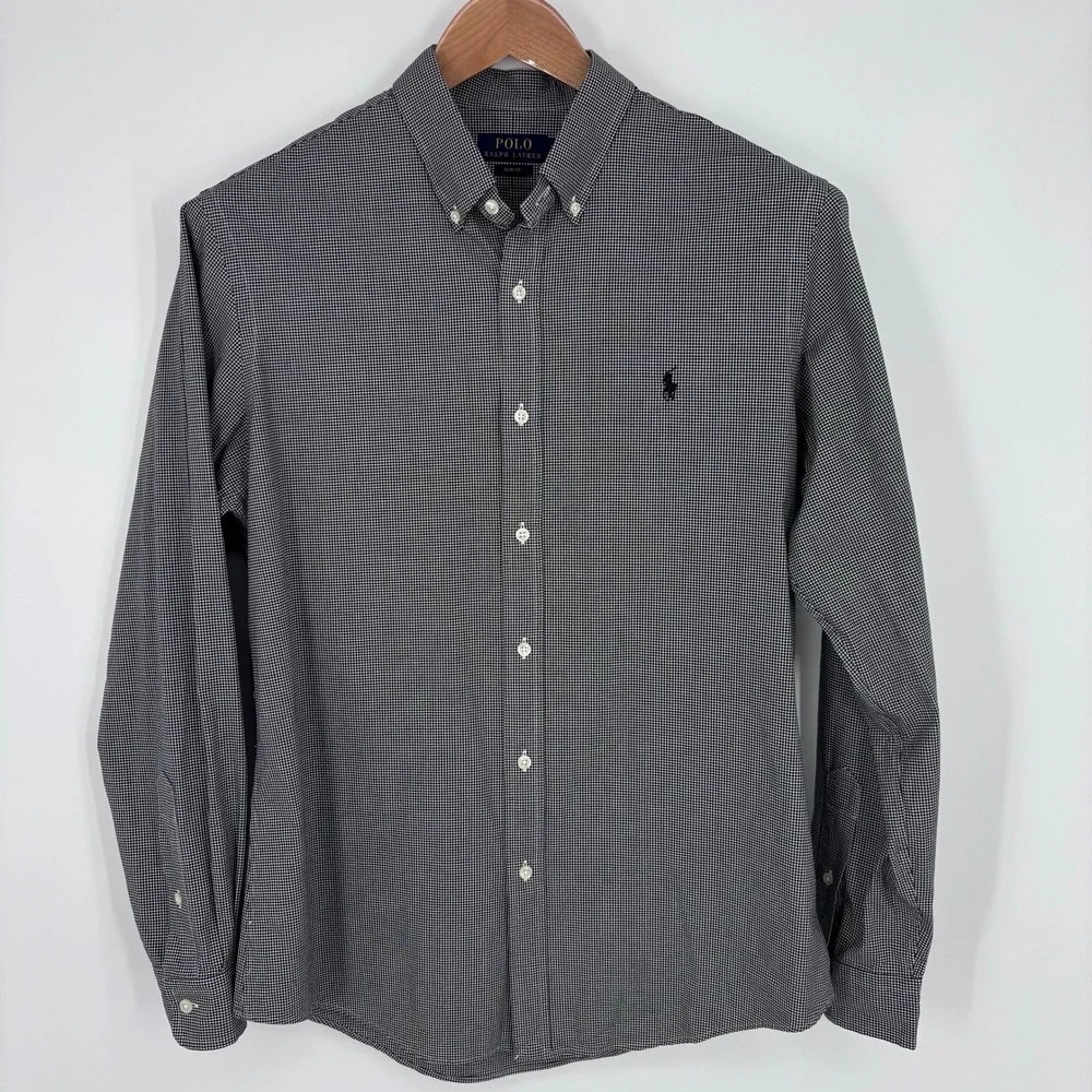 Polo Ralph Lauren Gingham Check Button Down Shirt Mens L Slim Fit Black Preppy